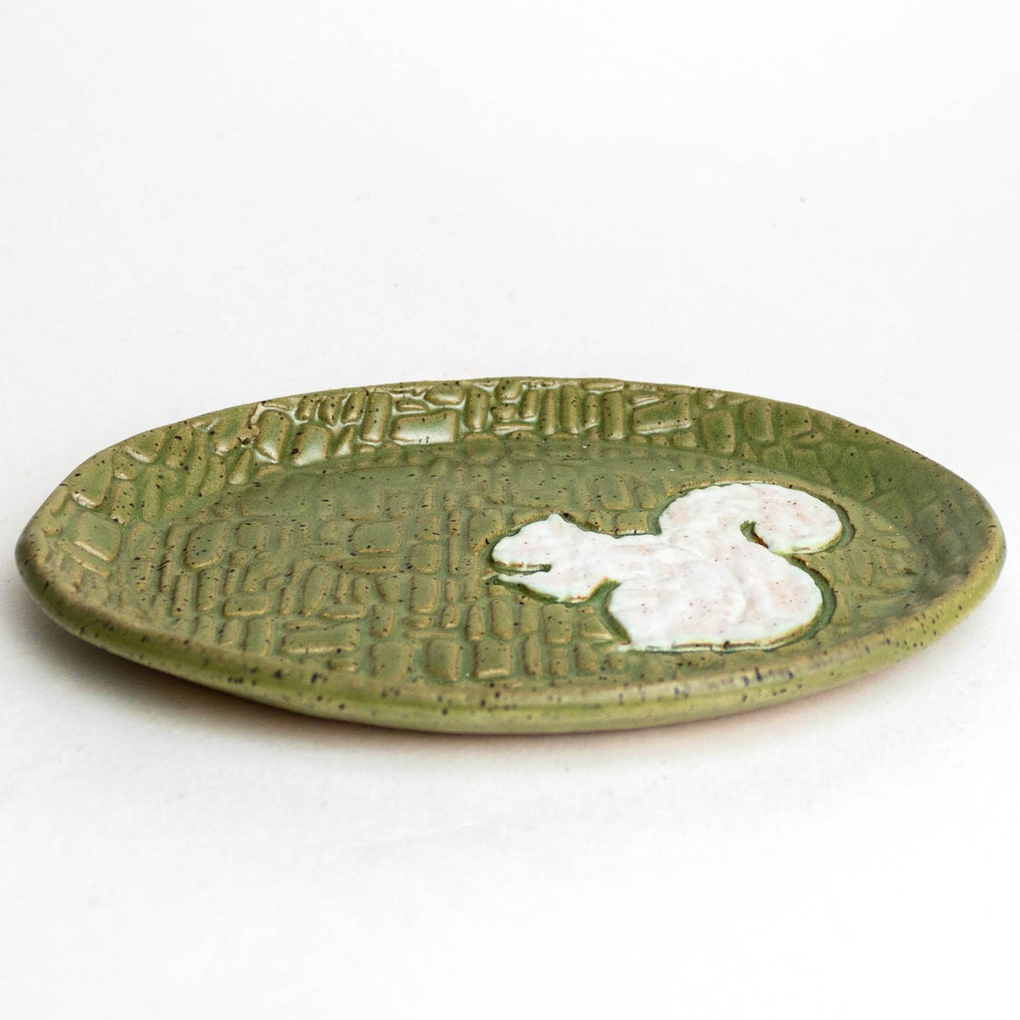 Pottery White Squirrel Handmade Stoneware Green Oval Trinket Dish