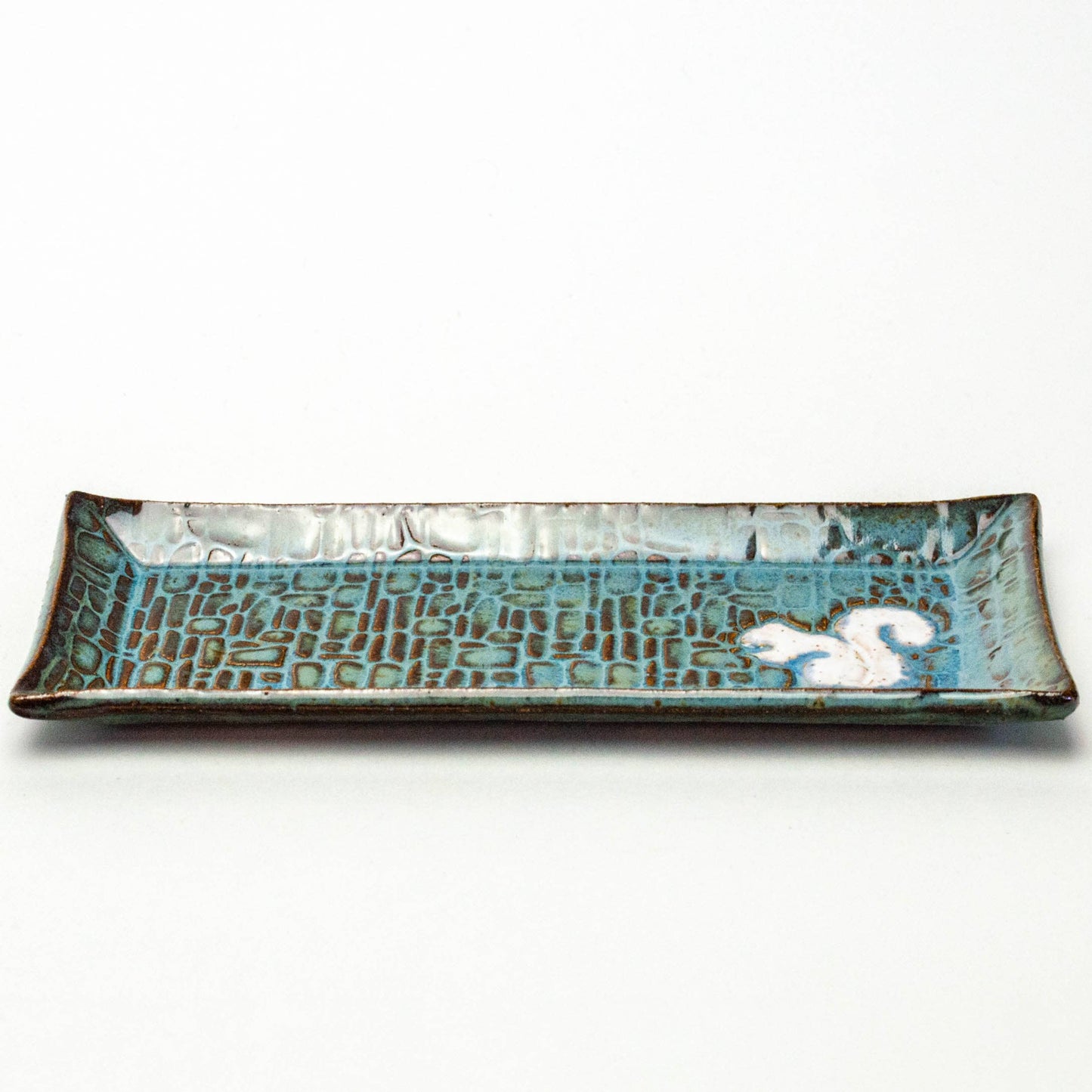 Pottery - White Squirrel Pattern Handmade Ceramic Blue Butter Dish