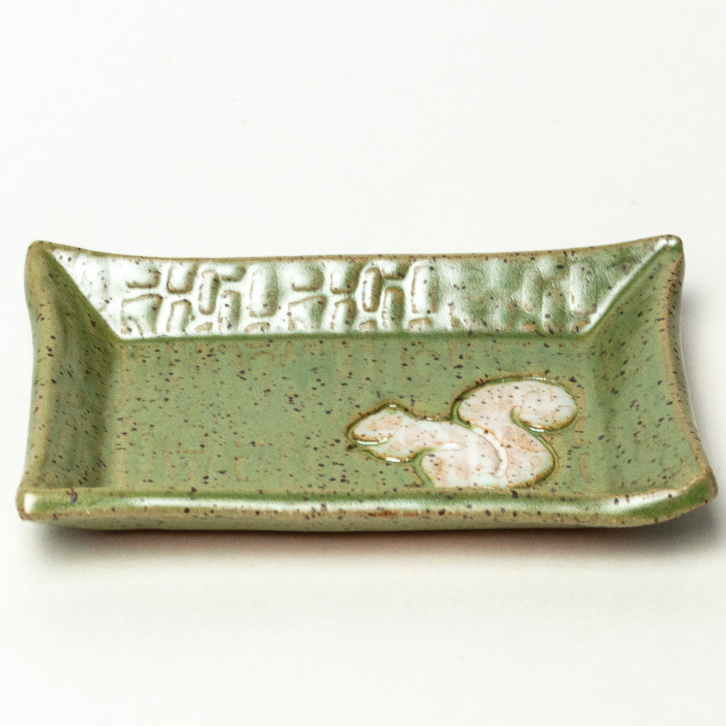 Pottery White Squirrel Handmade Ceramic Green Trinket Dish