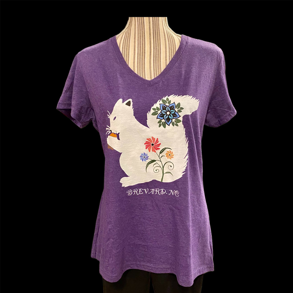T-Shirt - Ladies - Floral White Squirrel - Short Sleeve V-Neck in Heathered Purple