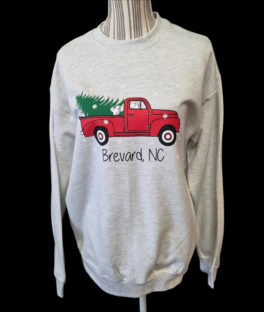 Christmas Sweatshirt - Red Truck & Tree in Heathered Gray