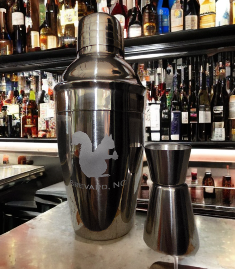 Barware - Martini Shaker with Etched White Squirrel and Brevard NC with shot measurer