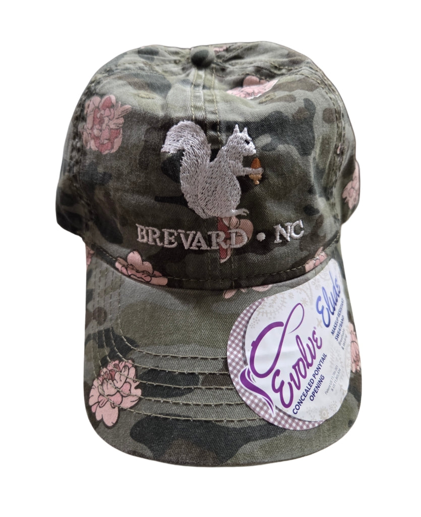 Baseball Hat and Cap in Assorted Prints with Embroidered White Squirrel and Brevard NC