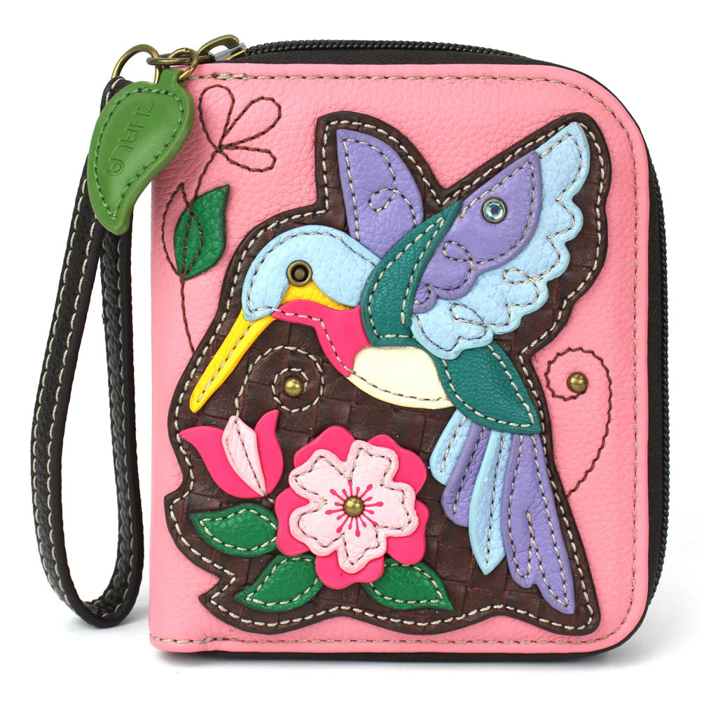Wallet Zip Around Chala Vegan Leather Bicycle and Hummingbird