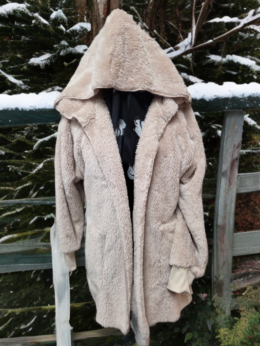 Clothing - Women's Faux Fur Teddy Jacket - Dusty Rose Hooded Coat - White Squirrel Shoppe