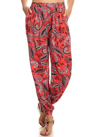 Pants - Harem-Style Jogger Pants - Red Paisley Print