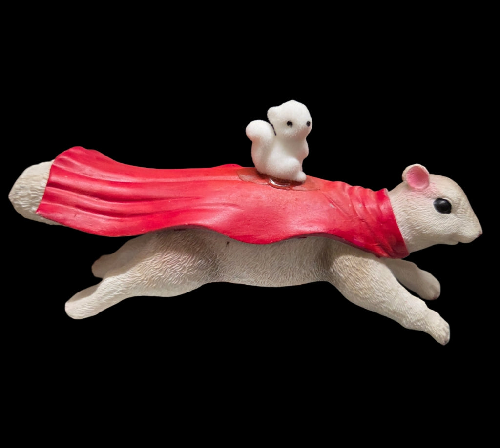 Figurine Super Squirrel - Resin - Super Hero with Red Cape with Flocked White Squirrel Riding on His Back