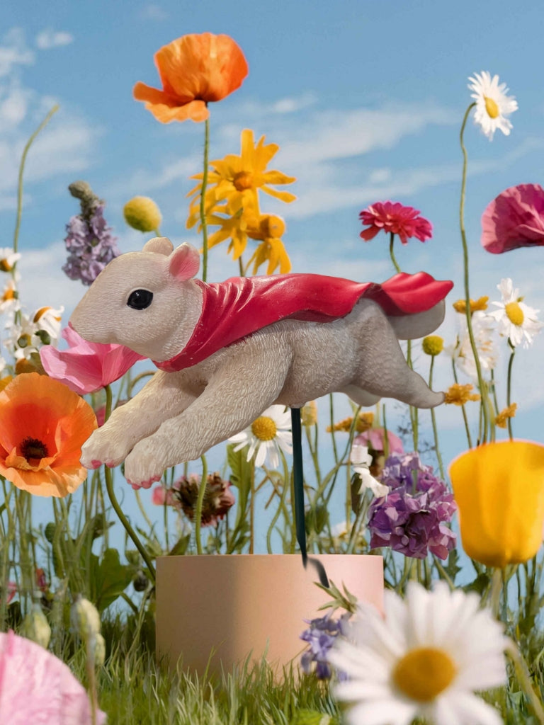 Figurine Super Squirrel - Resin - Garden or Potted Plant Stake - Super Hero with Red Cape