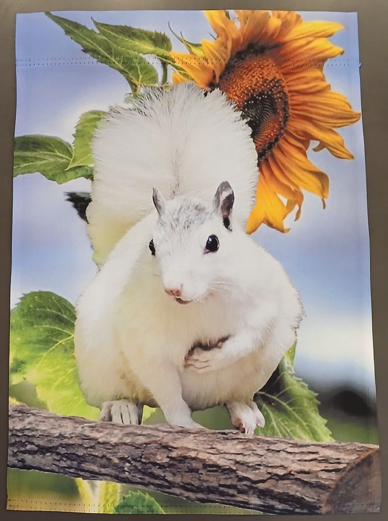Garden Flag - White Squirrel with Large Sunflower