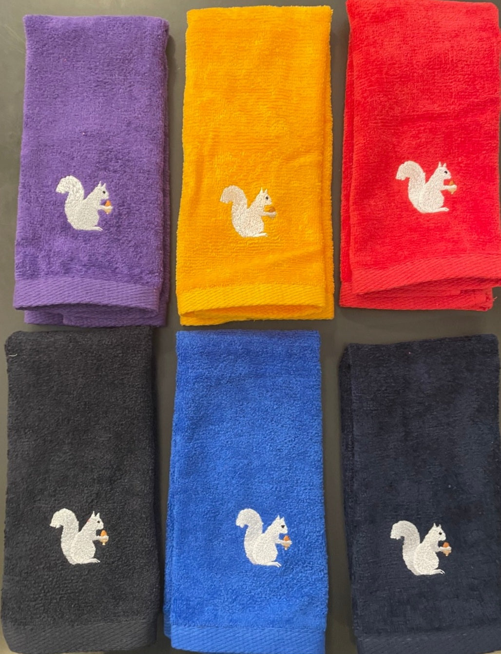 Hand Towel - Embroidered White Squirrel in various colors