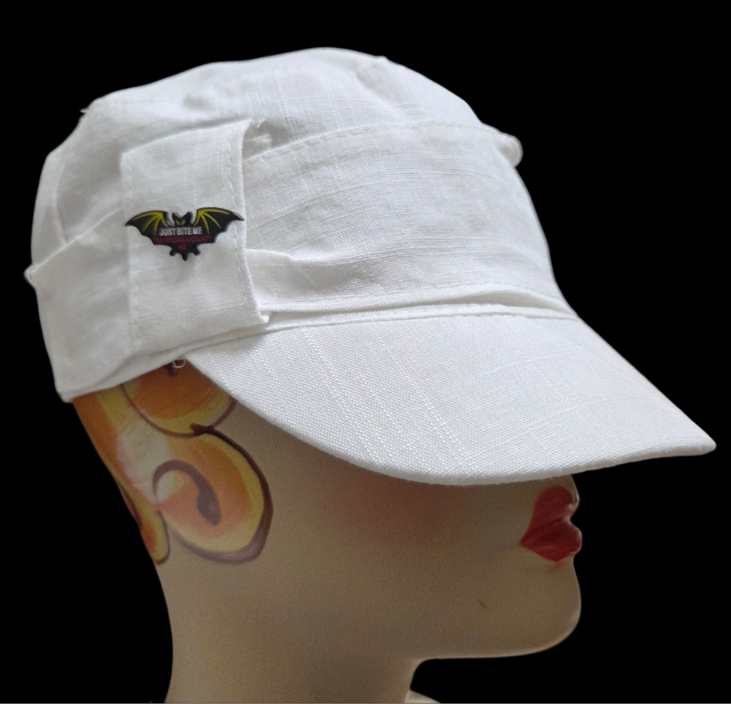 Hat - Cabby Hat with white squirrel or just bite me bat hat pin
