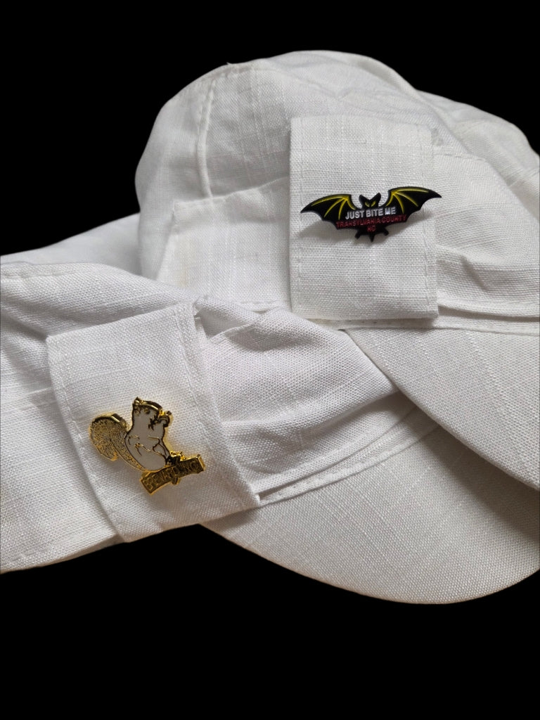 Hat - Cabby Hat with white squirrel or just bite me bat hat pin