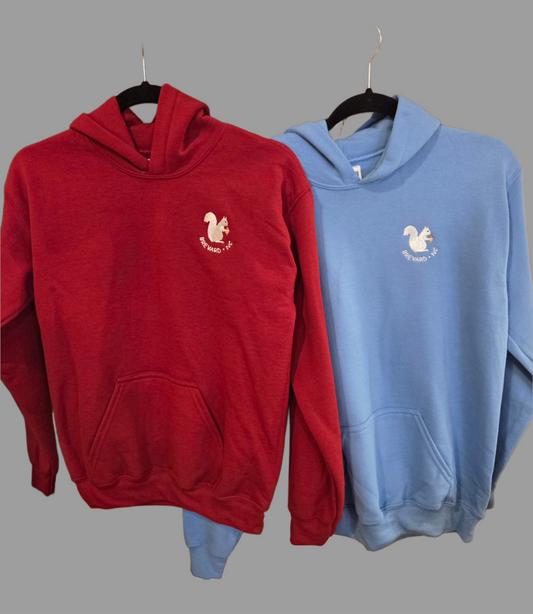 Red and blue hoodies with a logo on a gray background