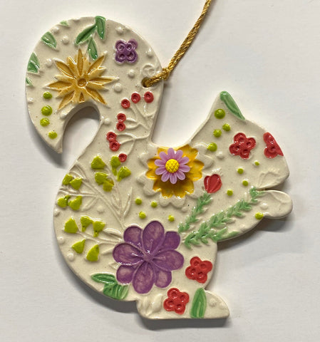 Ornament - White Squirrel Sm. Clay Ornament with Colored Flower Design