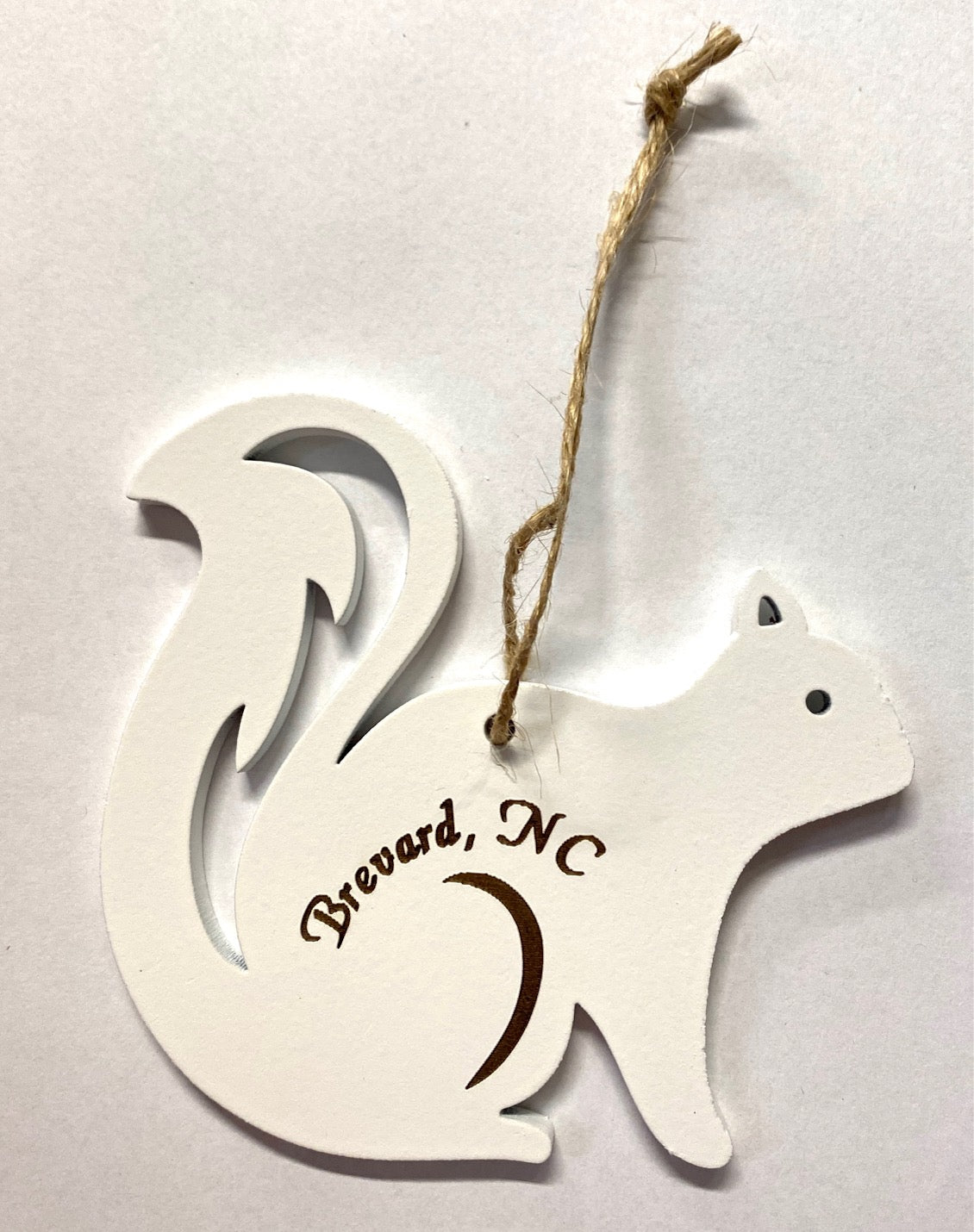 Ornament - Laser Cut Wood - White Squirrel with a Hollow Tail & Brevard, NC