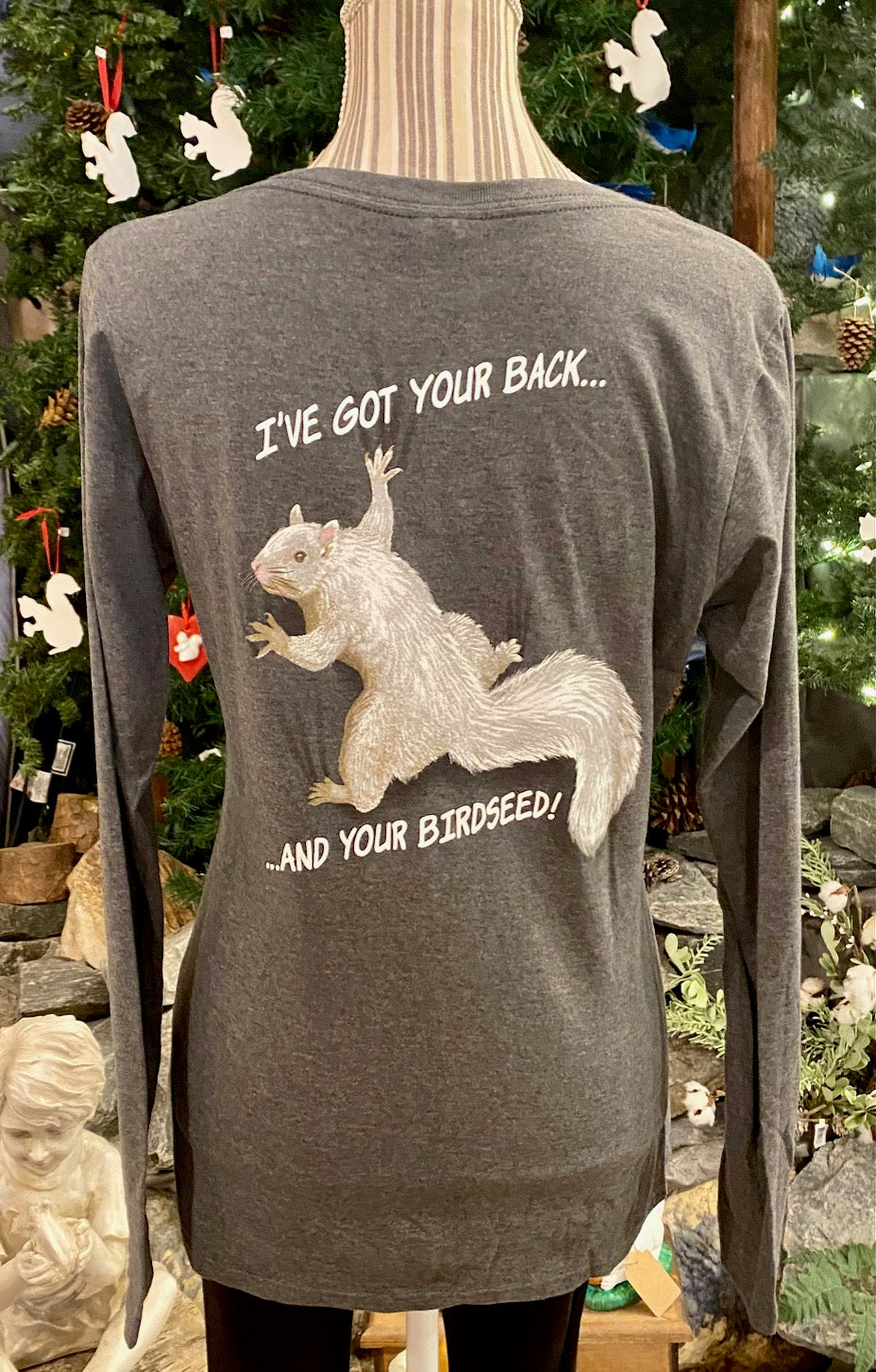 T-Shirt - Women's - I've Got Your Back & Birdseed - Long Sleeve V-Neck in Dark Heather Grey