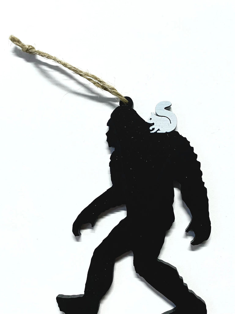Ornament - Laser Cut Wood - Two-Sided Sasquatch with a White Squirrel on His Shoulder