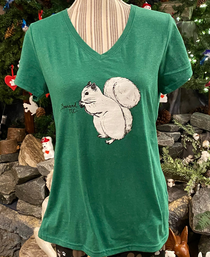 T-Shirt - Ladies - Cute White Squirrel Center - Short Sleeve V-Neck in Heather Green