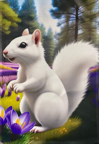 Garden Flag - White Squirrel in the Crocuses