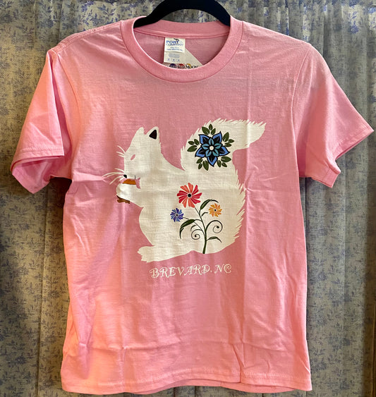 T-Shirt - Kids - Youth - Floral White Squirrel - Short Sleeve Crew Neck in Pink