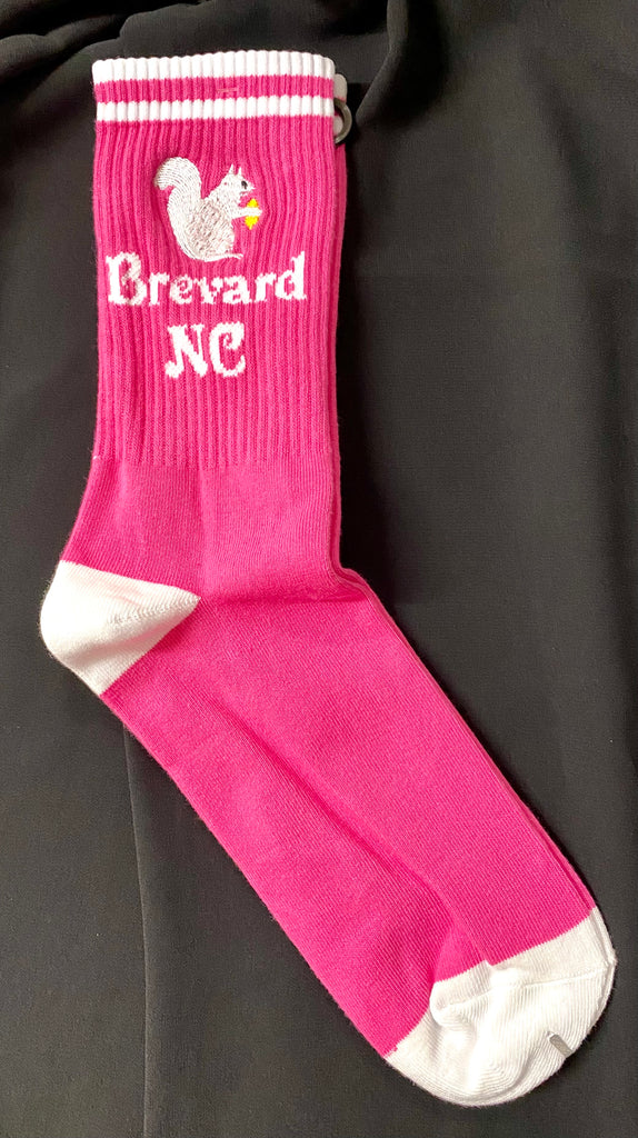 Socks - Ladies - Embroidered with White Squirrel and Brevard, NC in Hot Pink