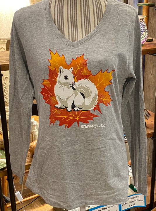 T-Shirt - Women's - Autumn White Squirrel - Long Sleeve V-Neck in Heather Grey
