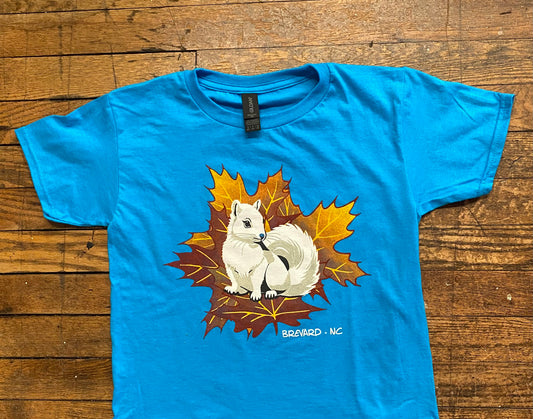 T-Shirt - Kids -Youth - Autumn White Squirrel - Short Sleeve Crew Neck in Turquoise