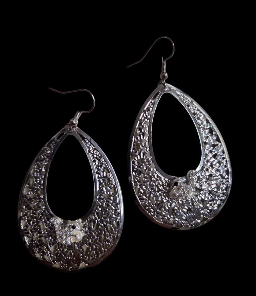 Jewelry - Earrings - Rhinestone White Squirrels on Hollow Lightweight Silver Tone Tear Drops