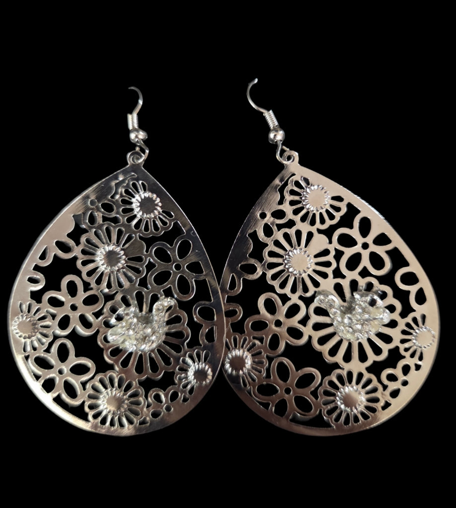 Jewelry - Earrings - Rhinestone White Squirrels on Lightweight Silver Tone Tear Drops in Varous Sizes