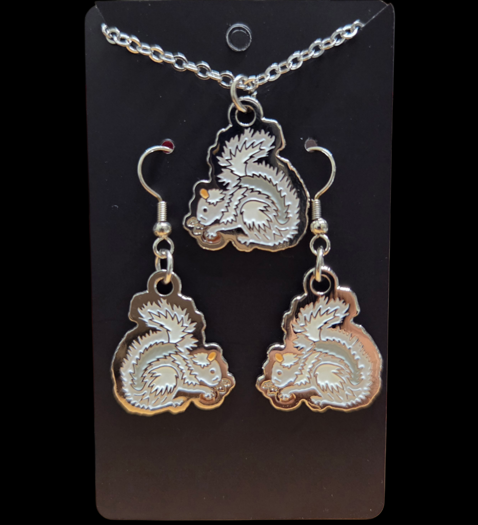 Jewelry - Necklace, Earrings or Set - Metal White Squirrel with Holding an Acorn & Brevard, NC