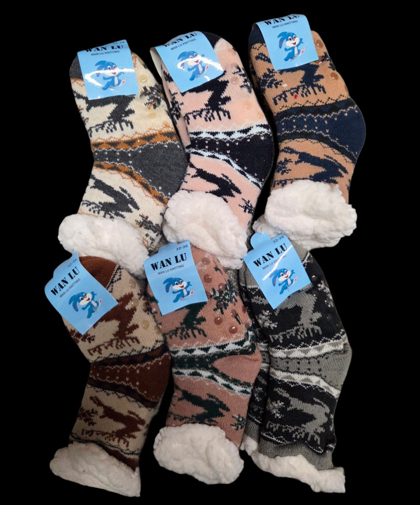 Fleece Kids Reindeer Fuzzy Cozy Lounge Socks with anti-slip Beads in Earth Tone Colors