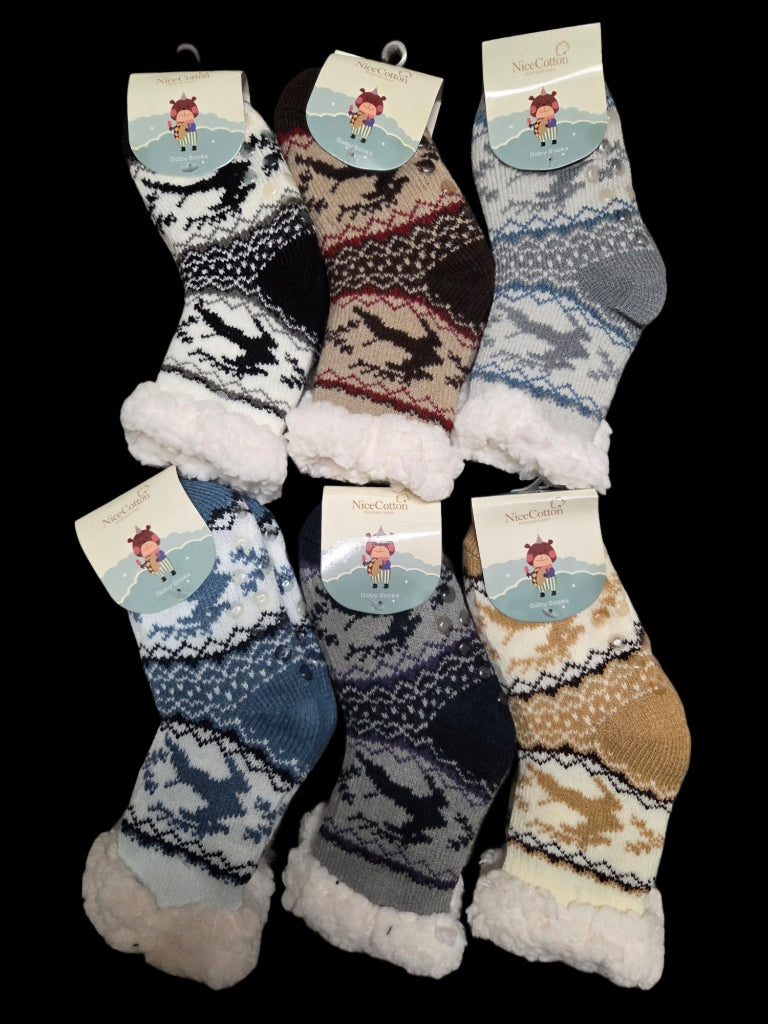 Fleece Kids Reindeer Fuzzy Cozy Lounge Socks with anti-slip Beads in Assorted Colors