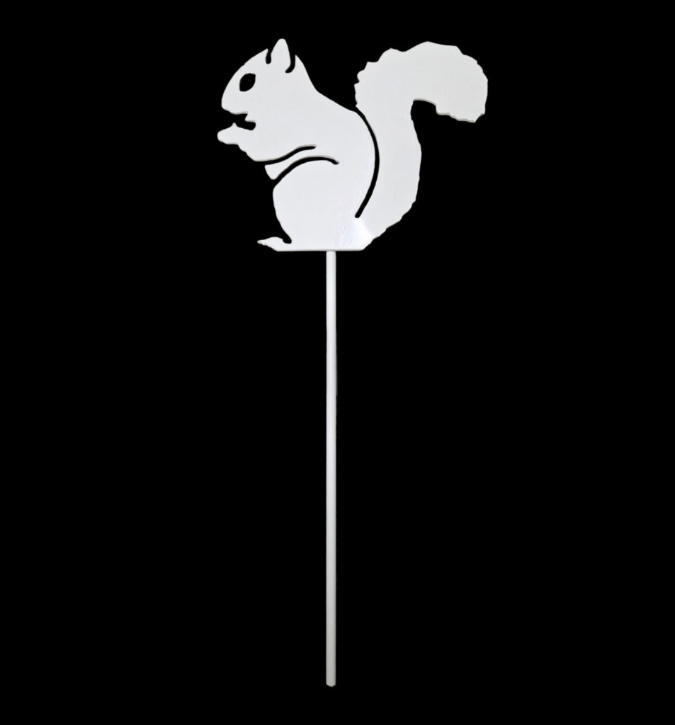 Metal Garden Art - White Squirrel Garden Stake - 7" High x 9" Wide - Large