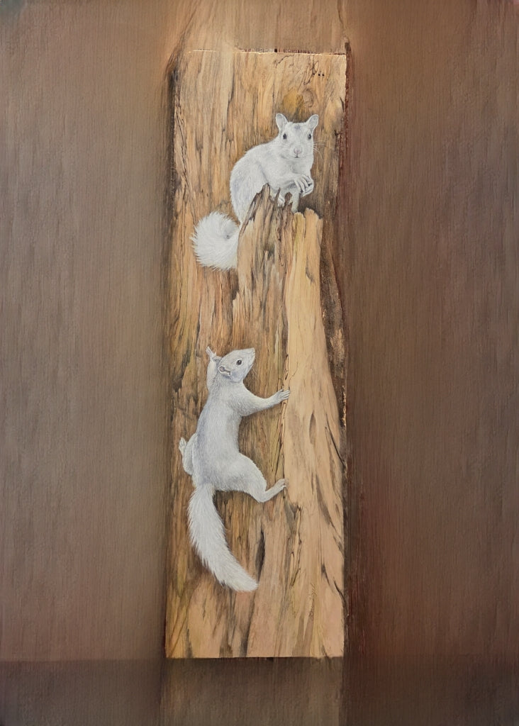 Original Painting - White Squirrels on a Slice of Tree by Lori Vogel
