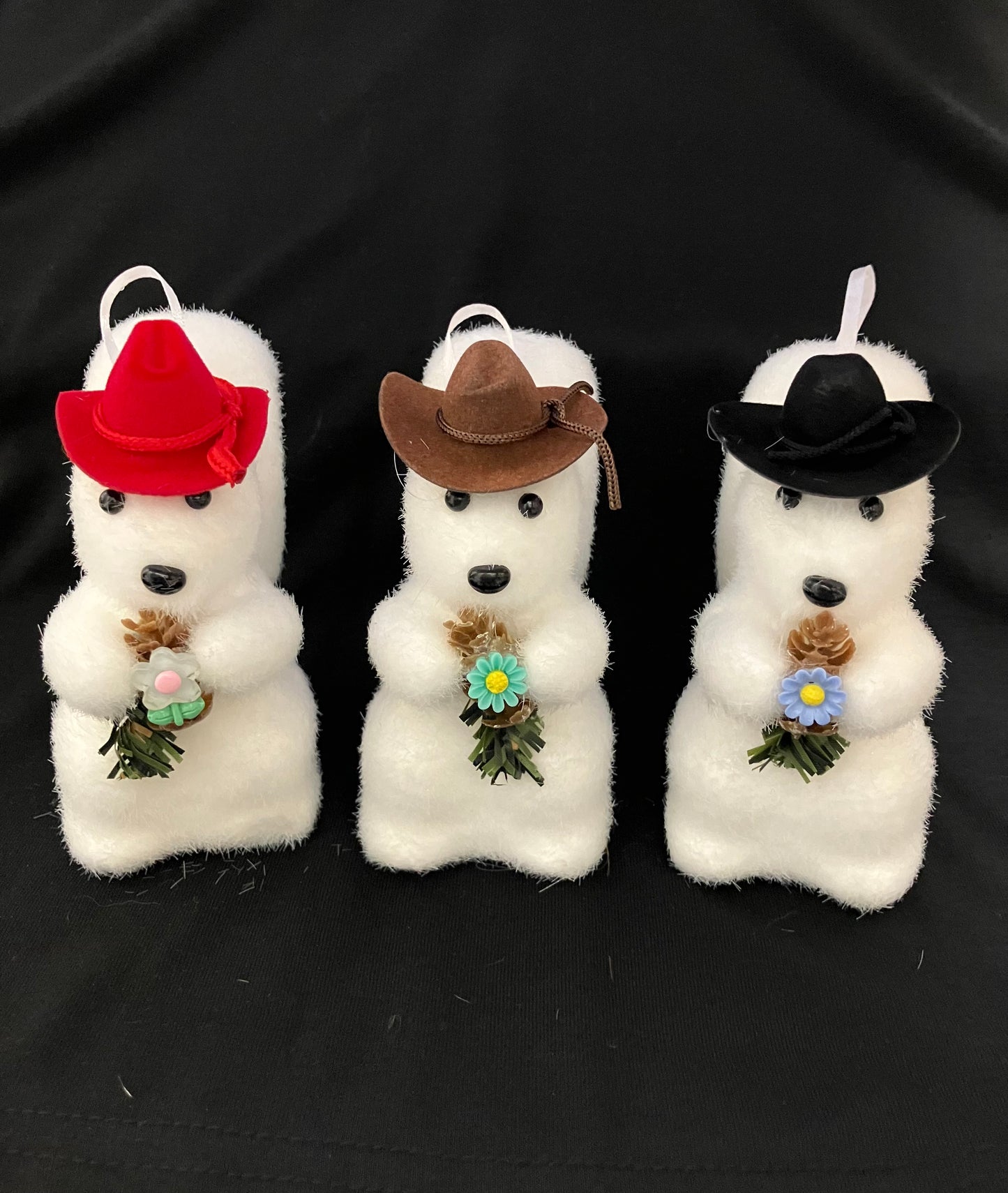 Ornament - Fuzzy White Squirrel with Cowboy Hat and Flower