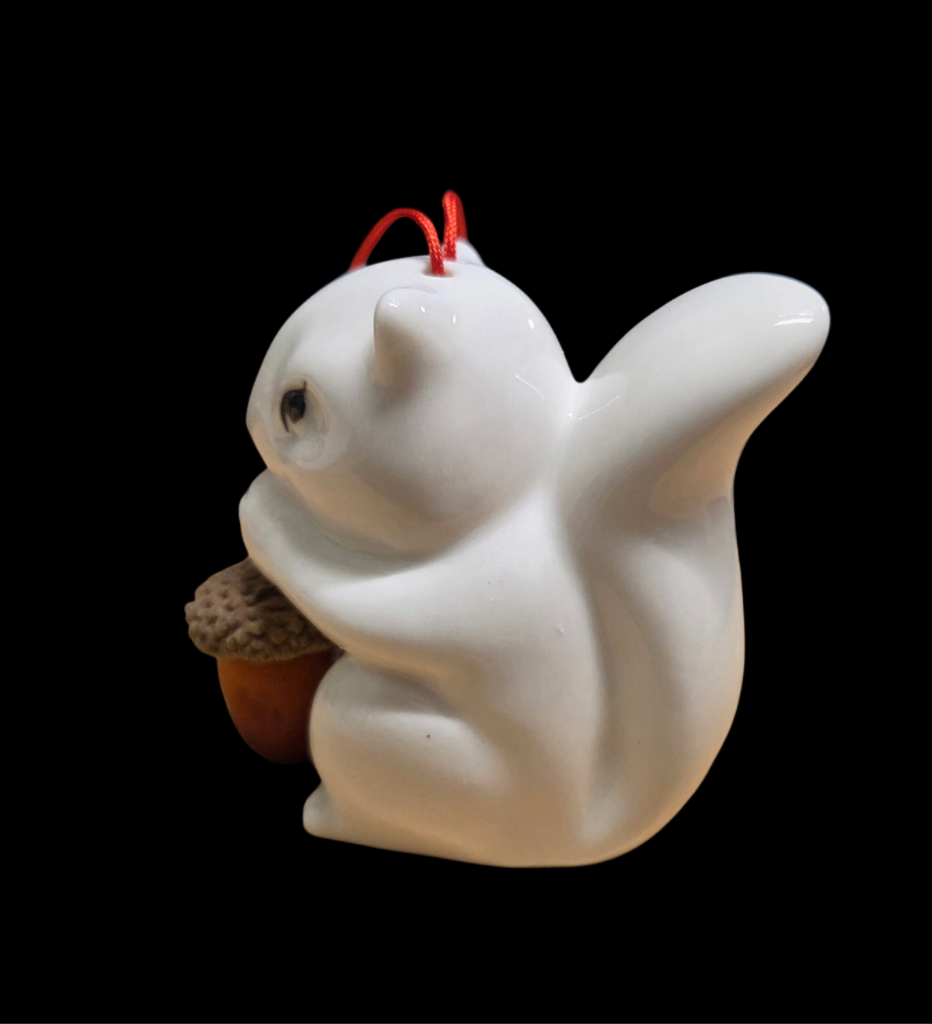 Ornament - Porcelain - Salt Shaker - White Squirrel Holding an Acorn with Brevard, NC