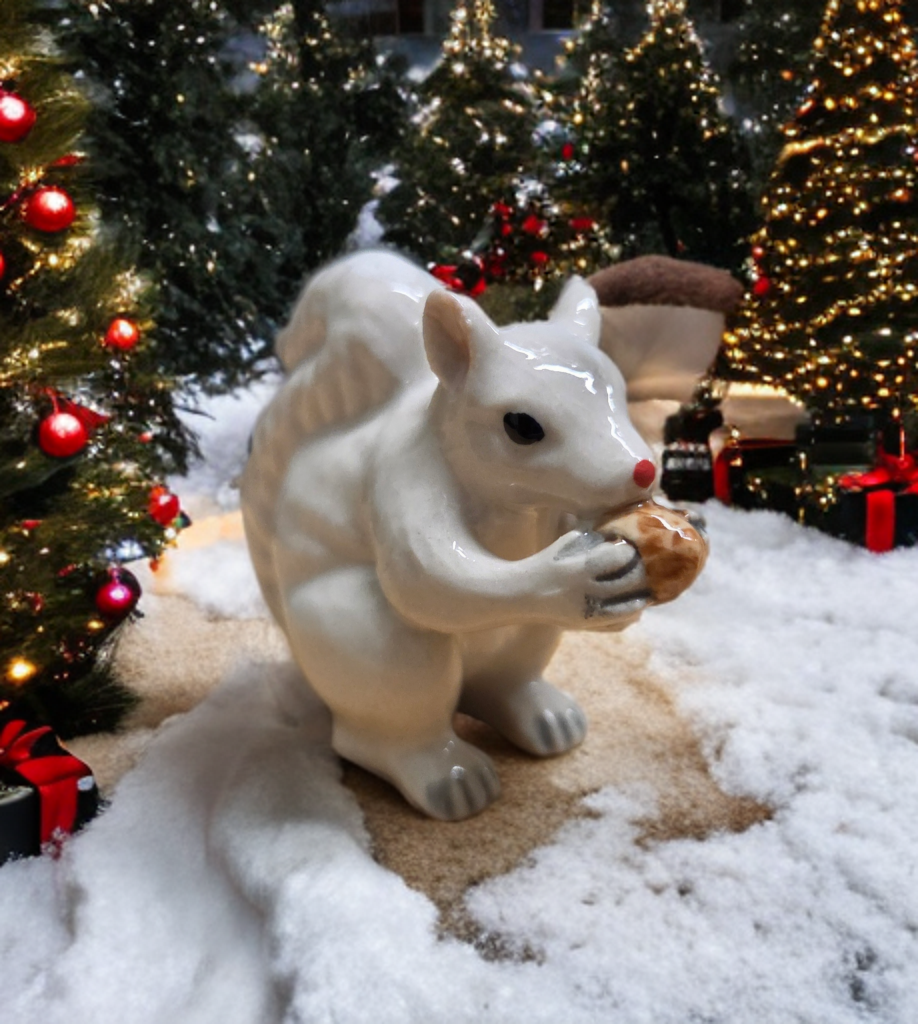 Ornament - Porcelain - White Squirrel Holding an Acorn - Hand Painted
