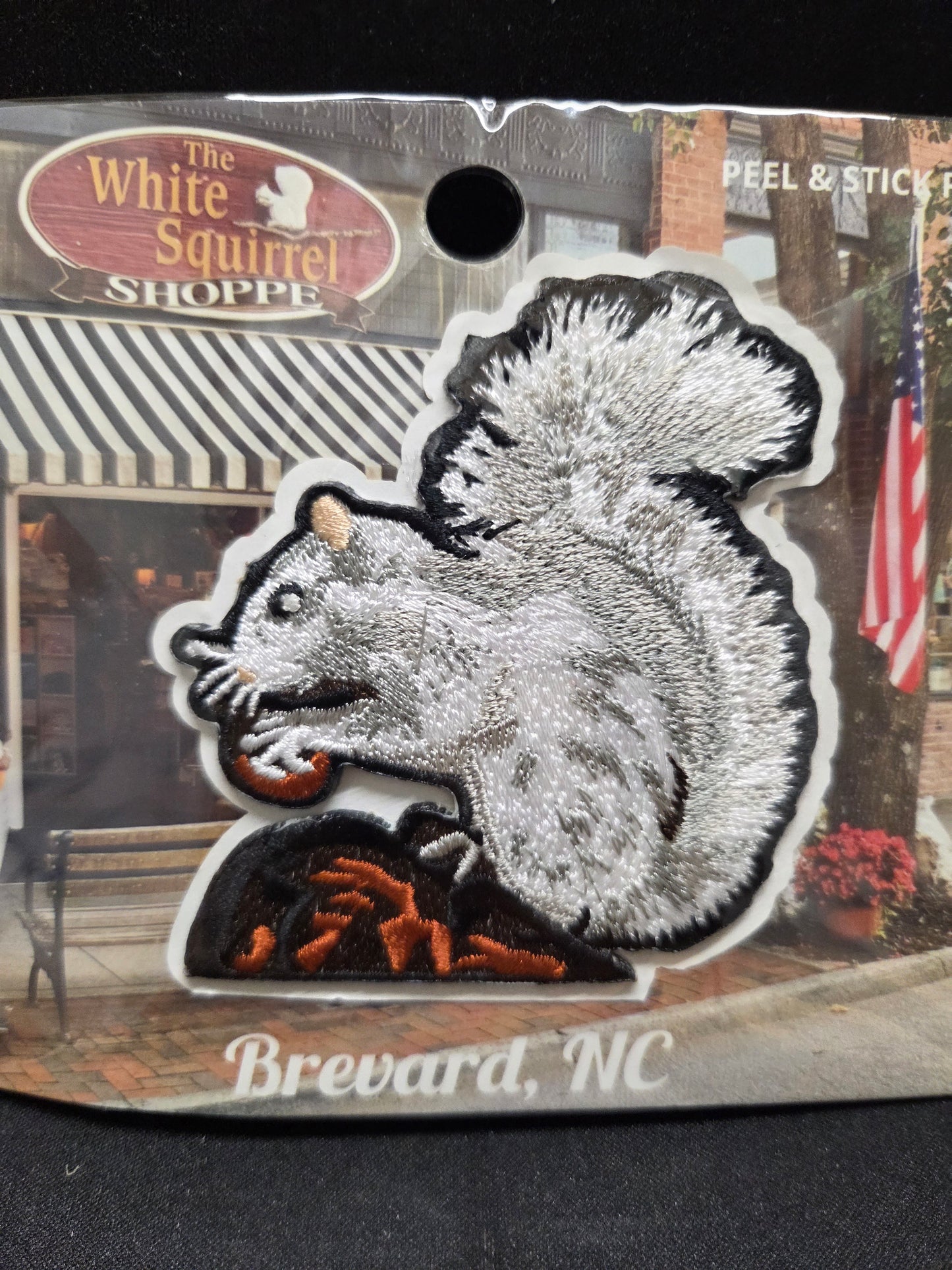 Embroidered patch of a white squirrel sitting on a rock holding an acorn.