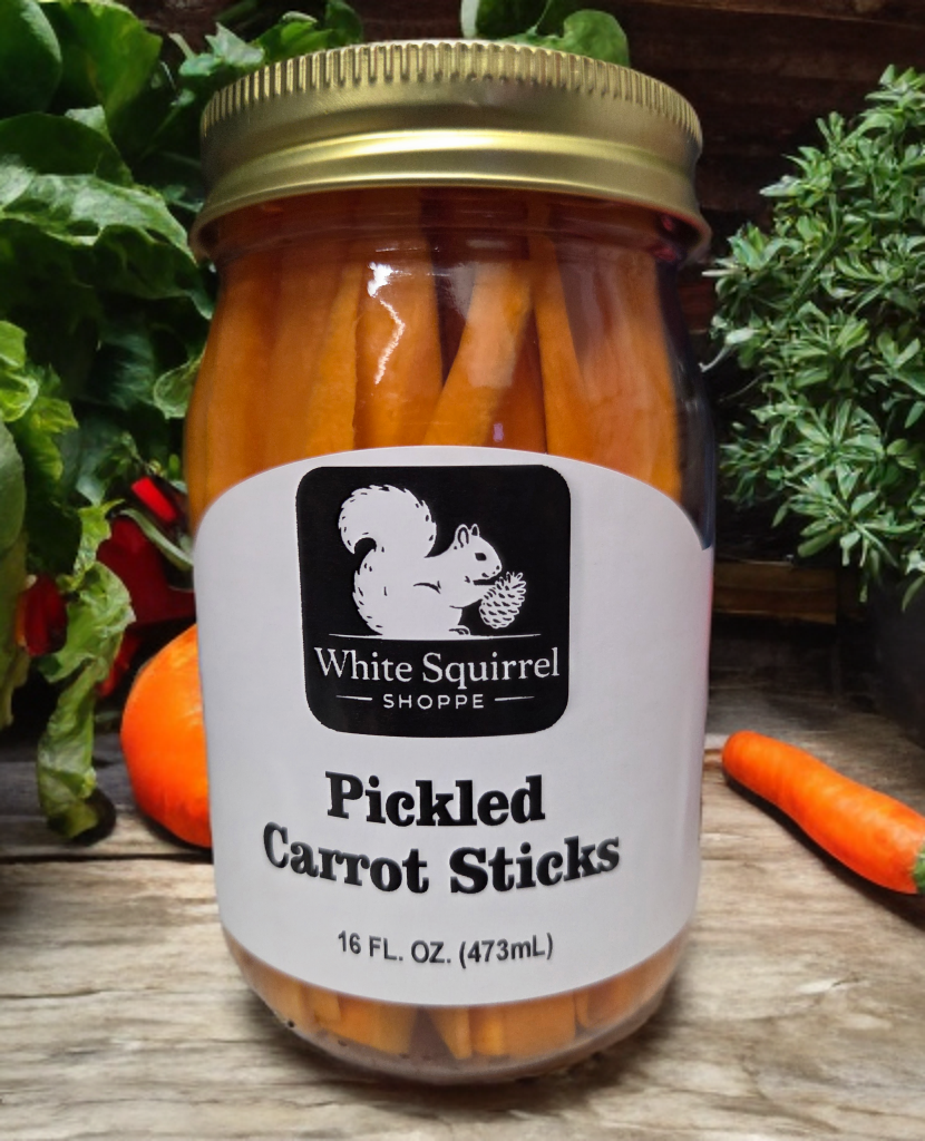 Homemade pickled carrot sticks in 16oz jar with White Squirrel Shoppe label, Brevard NC