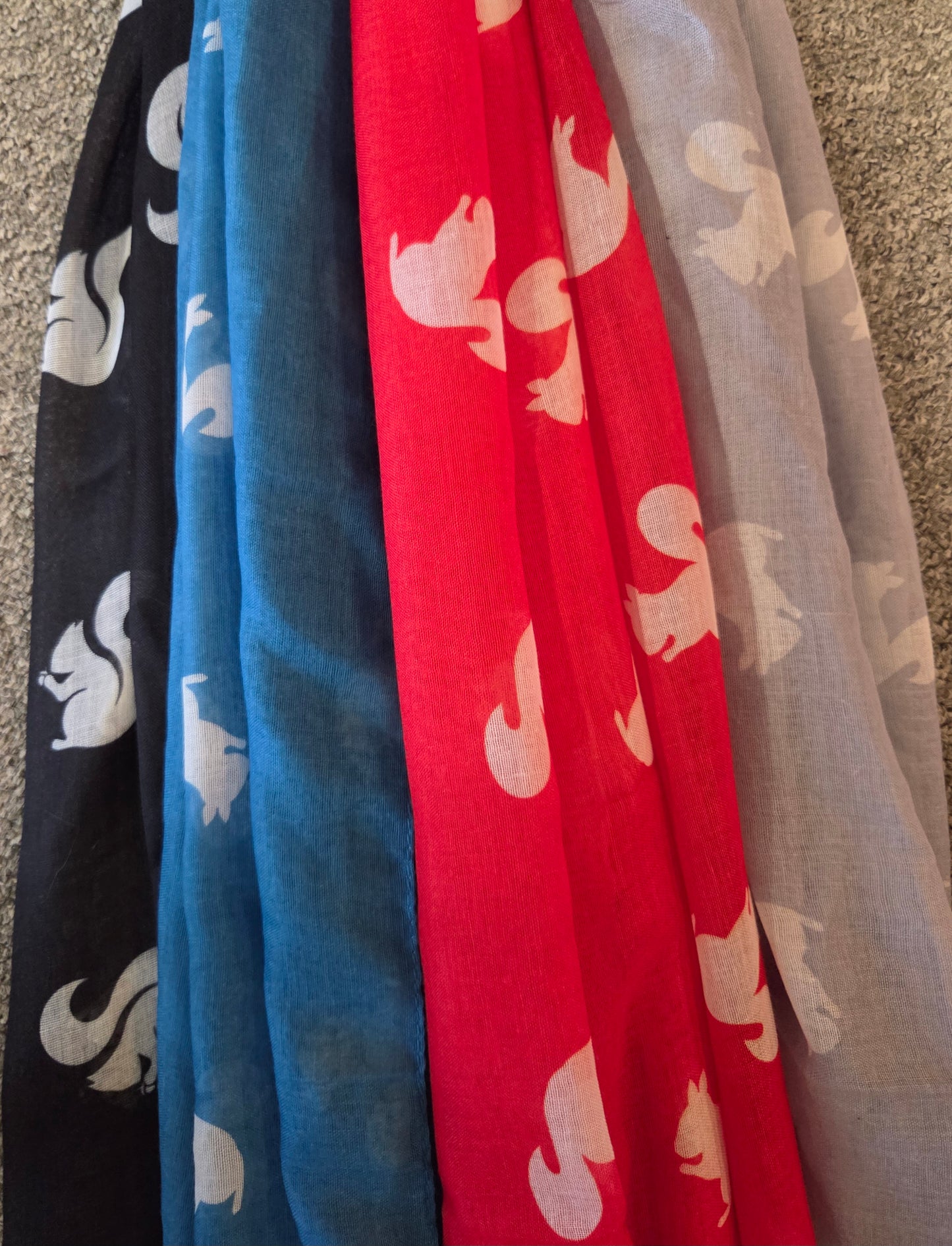 Scarf - White Squirrel Motif Scarf - Lightweight Designer Wrap 72x28 Inches in four colors