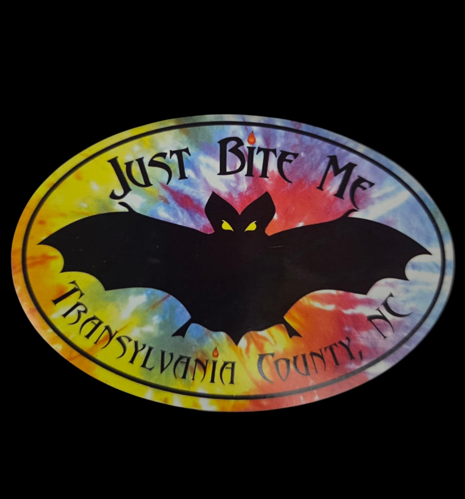 Decal/Sticker - Just Bite Me Bat Decal - Transylvania County NC - Large 6" and Small 2.5" Gothic Oval Sticker
