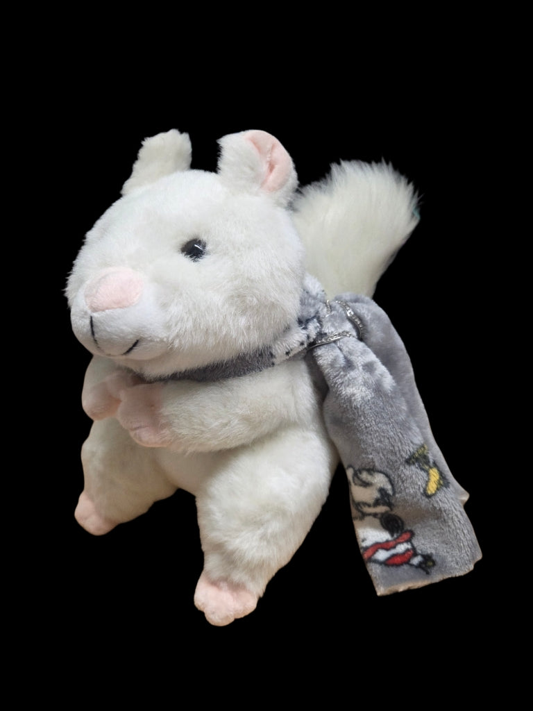 Stuffed White Squirrel with Pink Nose and Scarf with Scarf Ring