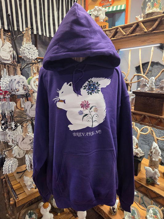 T-Shirt - Adult - Purple Hoodie with White Squirrel Floral Design - Brevard NC Artist Collection