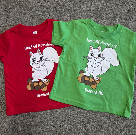 T-Shirt - Kids - Toddler - Head of Household White Squirrel - Short Sleeve in Red and Apple Green With Brevard NC