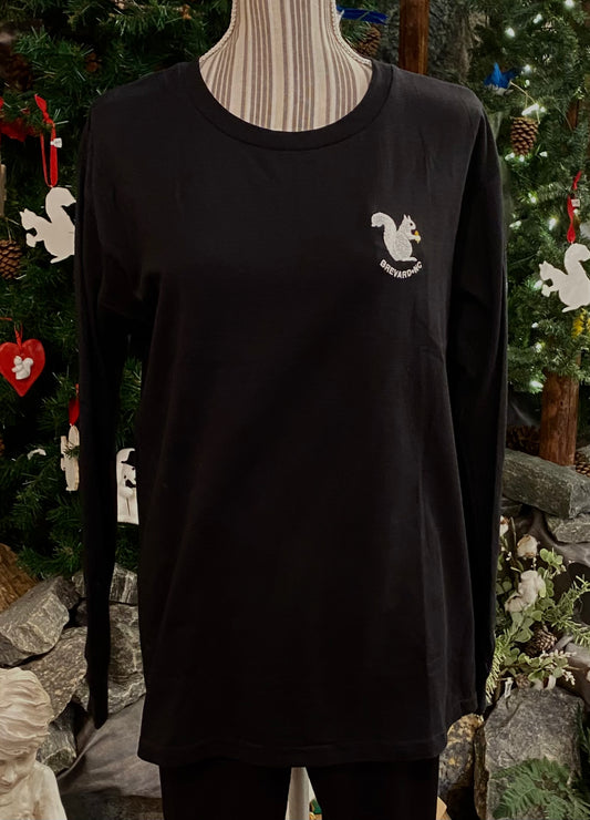 A long sleeve black crew neck t-shirt with an embroidered white squirrel logo on the left chest area, displayed on a mannequin.