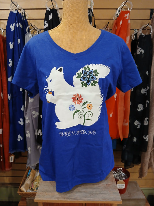 T-Shirt - Women's - Floral White Squirrel - Short Sleeve V-Neck in Heathered Royal Blue