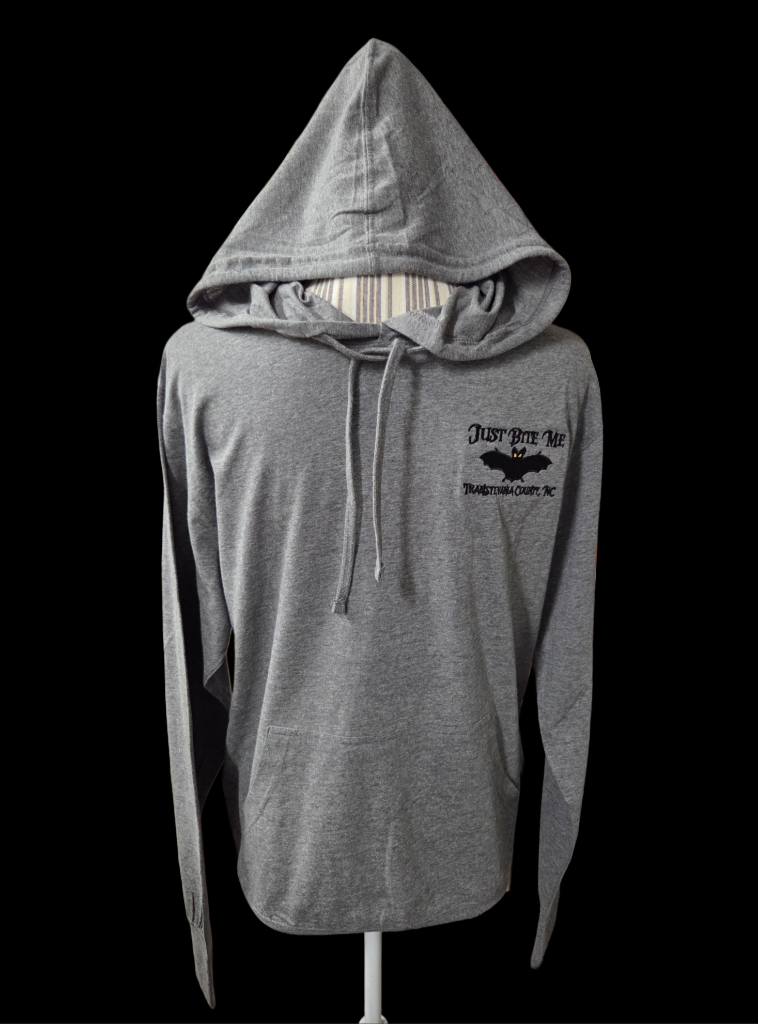 Adult Long sleeve hooded Just Bite Me Transylvania County, NC tee in Gunmetal.