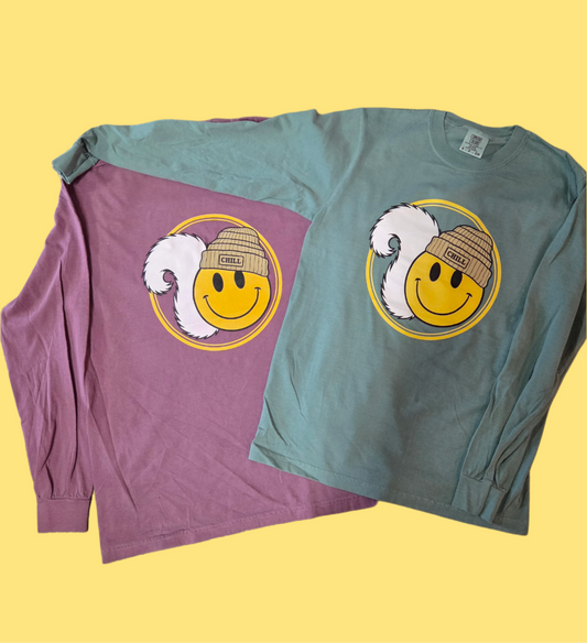 T Shirts Long Sleeve in Assorted Colors with Smiley Face White Squirrel Tail with Chill Beanie