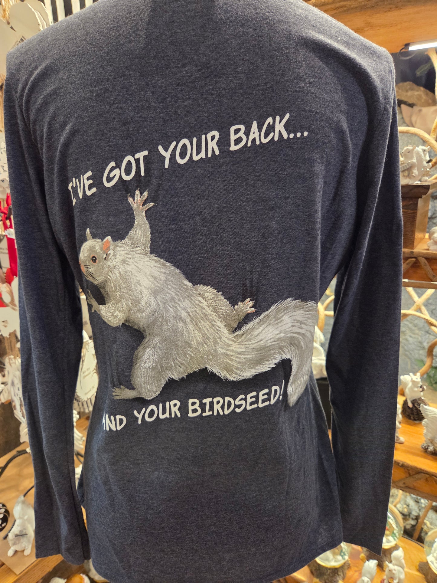T-Shirt - Women's - I've Got Your Back & Birdseed - Long Sleeve V-Neck in Dark Heather Grey