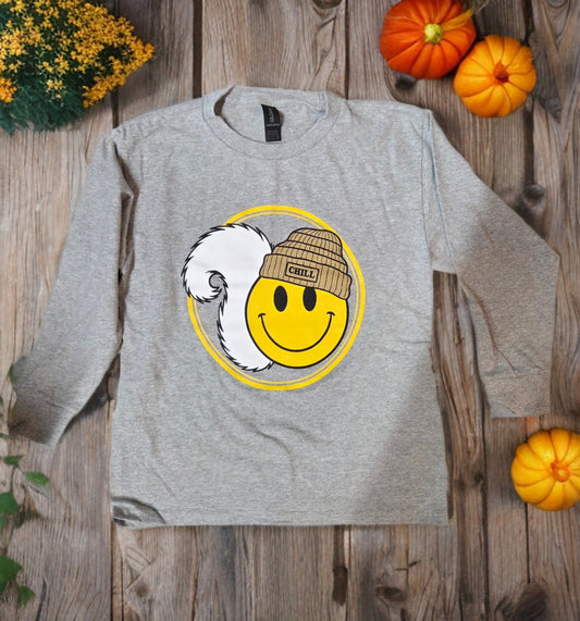 T Shirts and Sweatshirts - Youth Smiley Face Sweatshirt with White Squirrel Tail & Chill Beanie Design